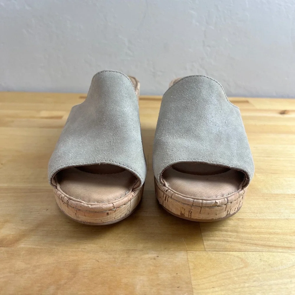 Born Sandals Wedge Lilah Size 7 Taupe Suede Open Toe Cork Platform Slide Slip On
